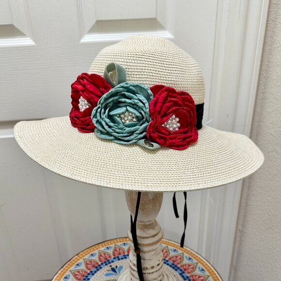 Elegant Women's Tweed Sun Hat With Satin Flowers And Pearls Special Event (NEW) - Picture 2 of 12